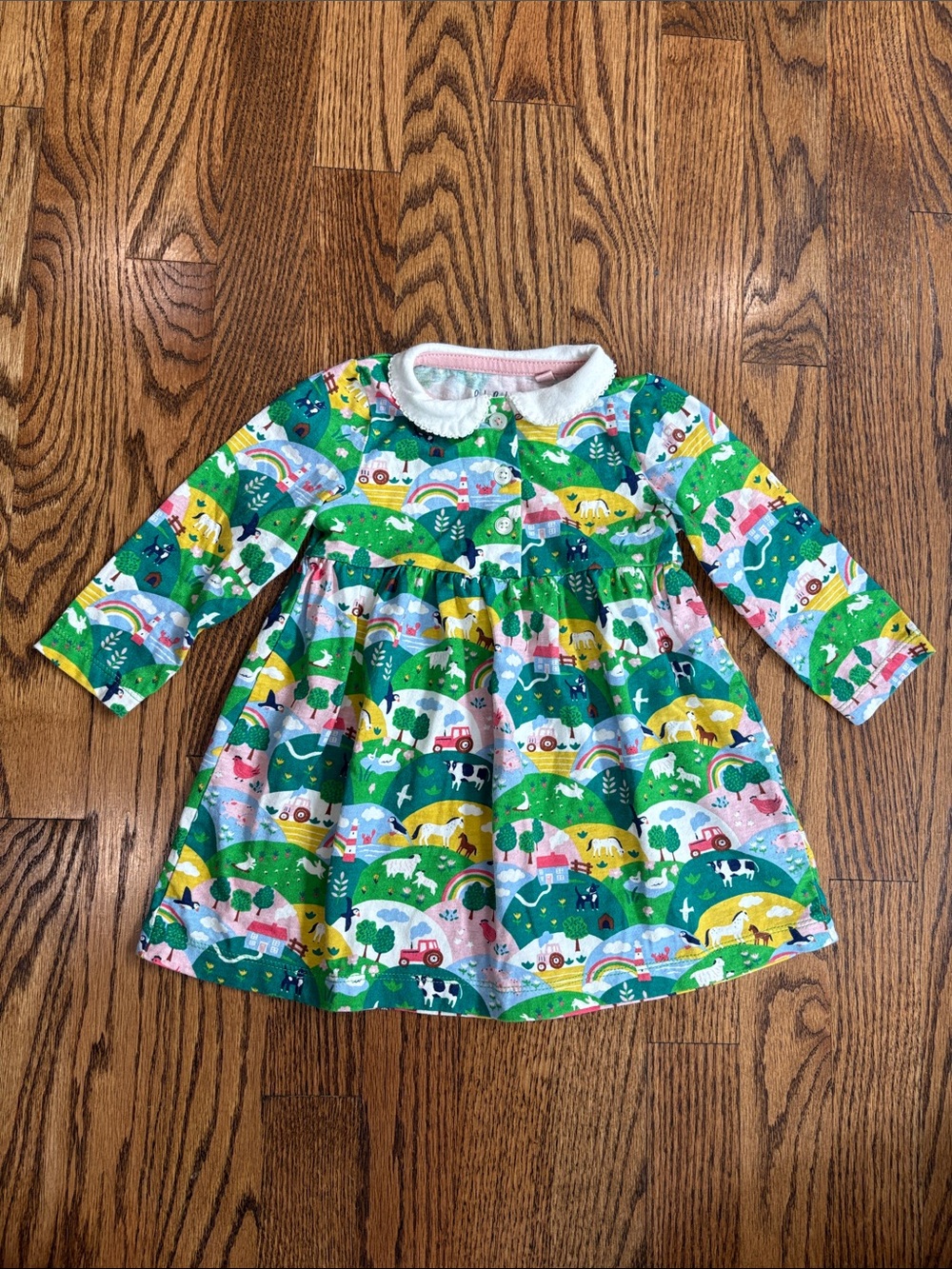 Baby Boden girls JERSEY COLLARED DRESS MULTI COASTAL FARM, size 9-12M like new